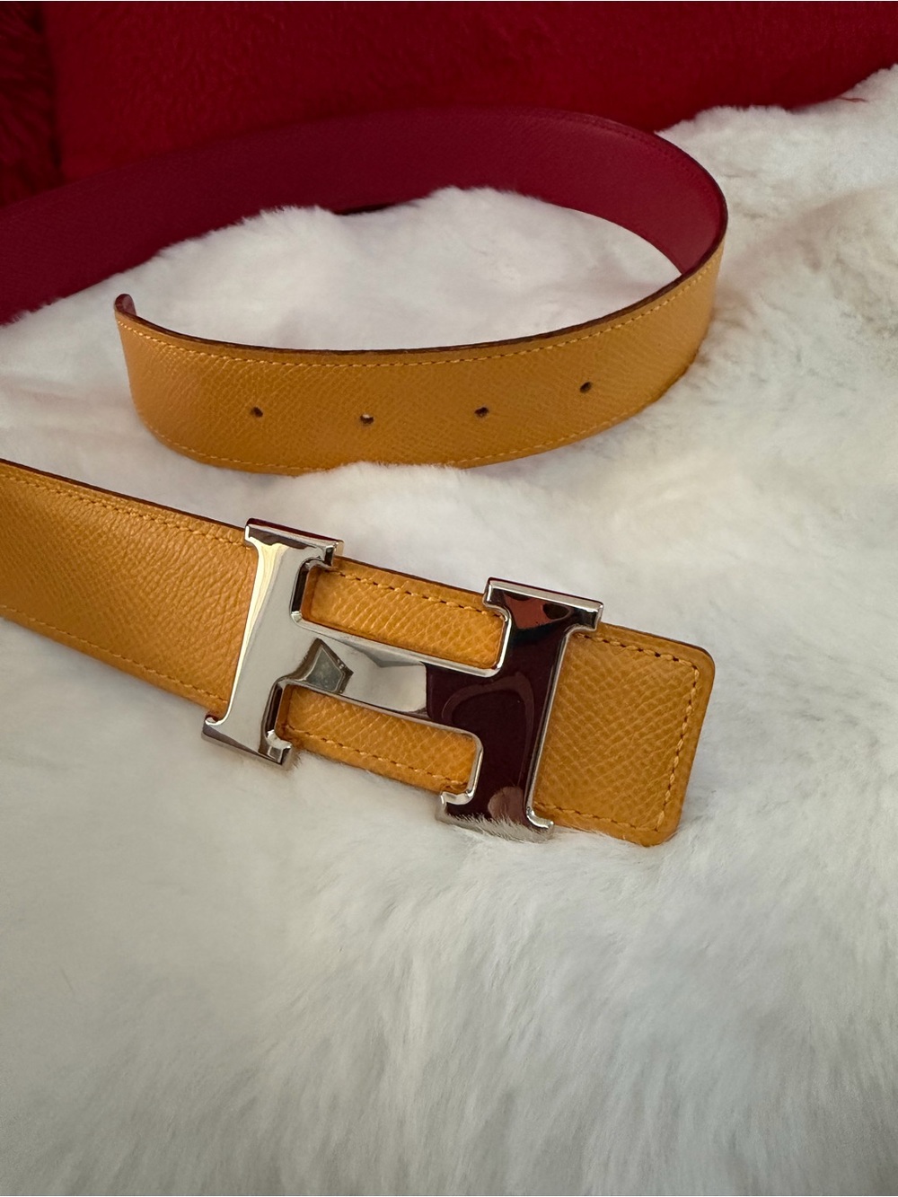 Hermes Yellow and Red Reversible Leather Belt with Silver H Buckle